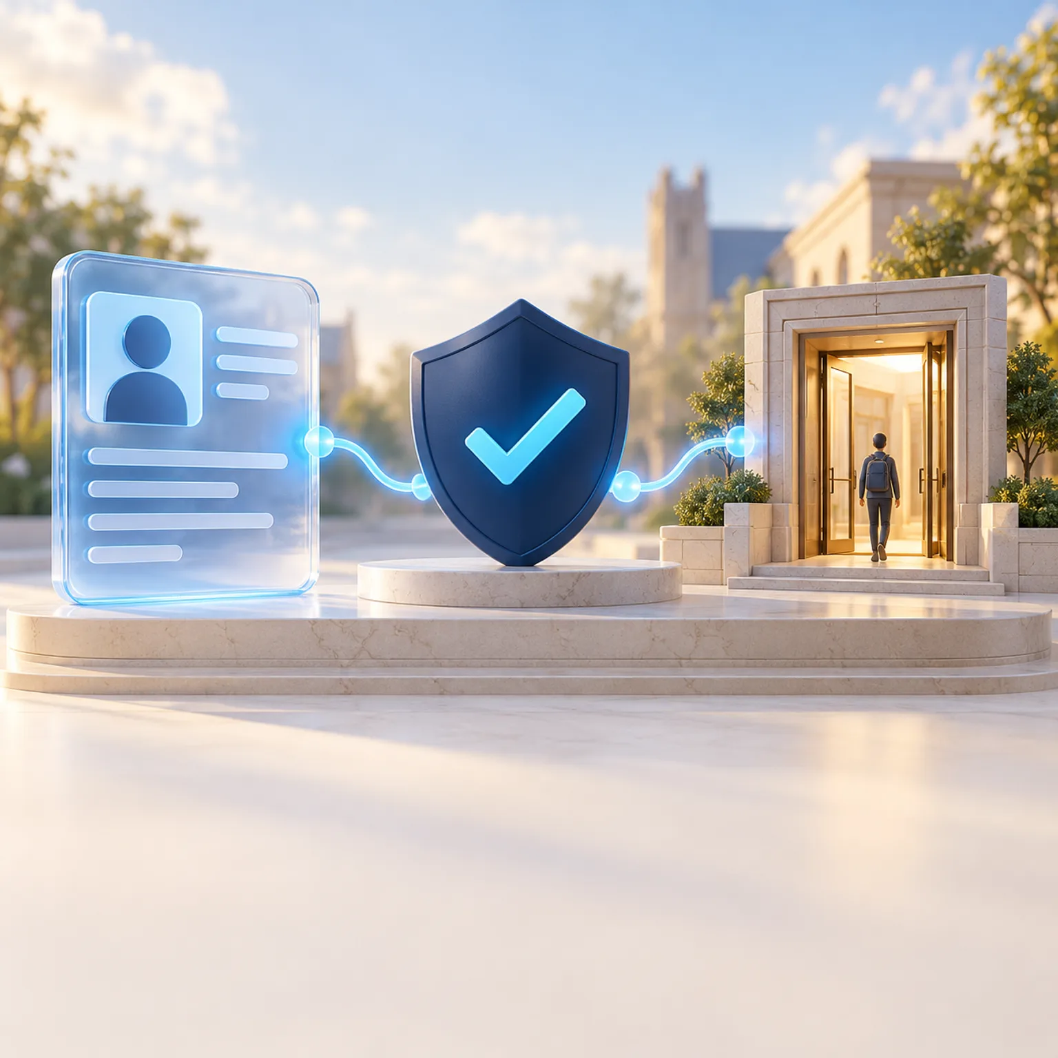 Illustration connecting a campus record, an identity shield and an open campus doorway